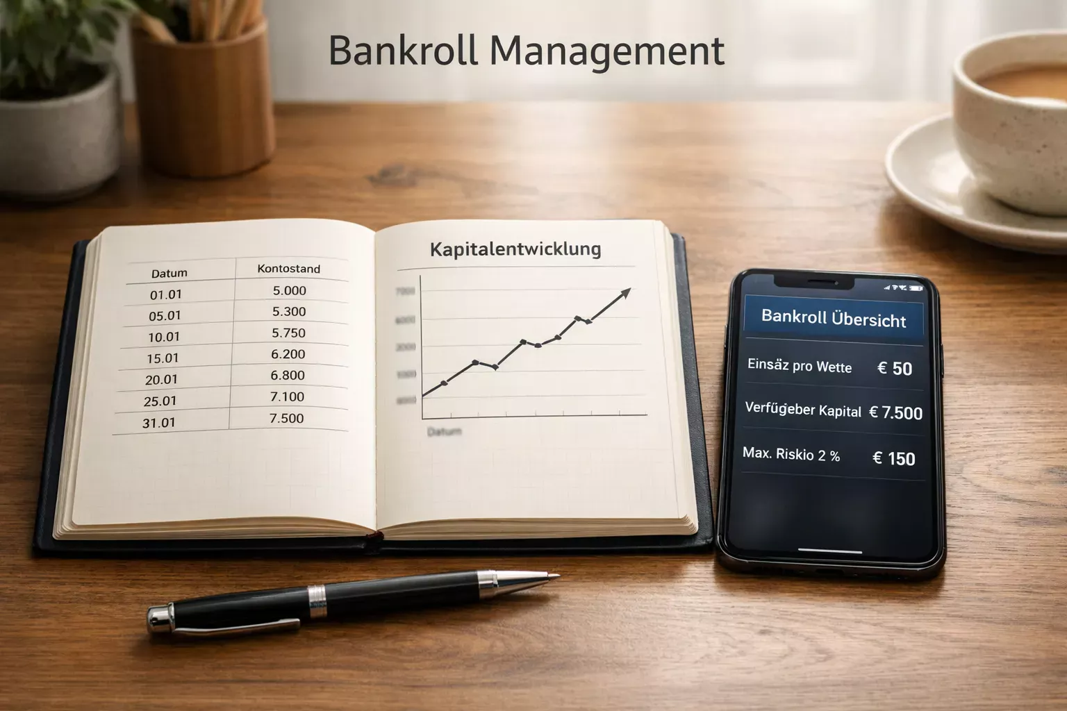 Geordnete Notizen und Planung auf einem Schreibtisch – Bankroll Management Sportwetten