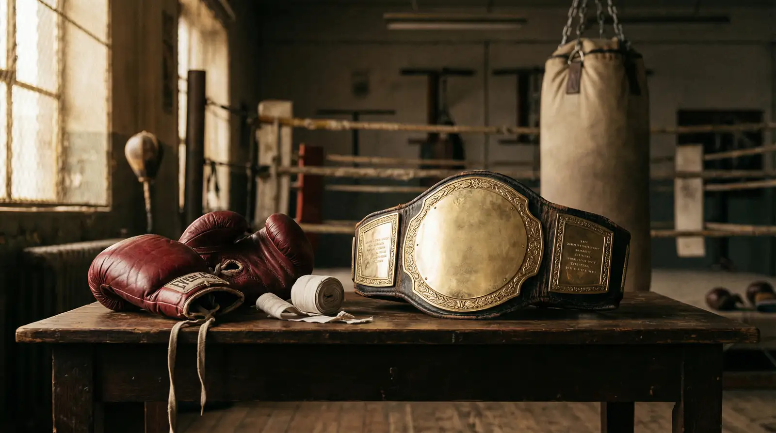 Weltmeistergürtel auf einem Tisch neben Boxhandschuhen in einem Trainingsraum