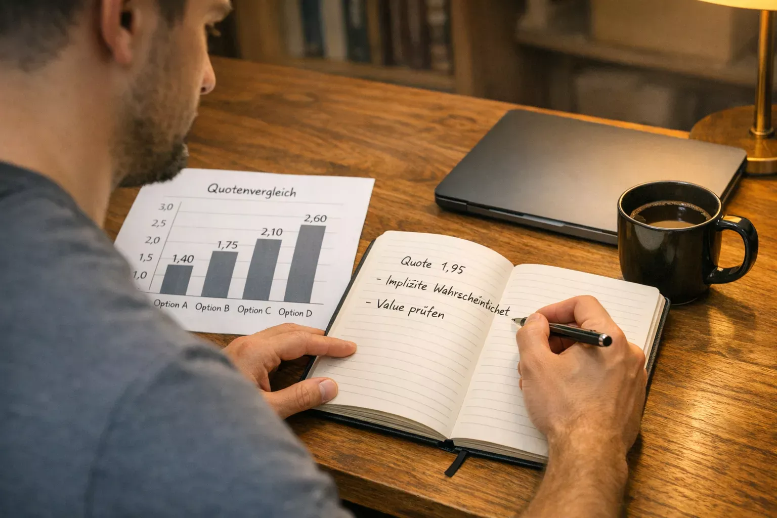 Mann analysiert Boxkampf-Statistiken an einem Schreibtisch mit Notizblock