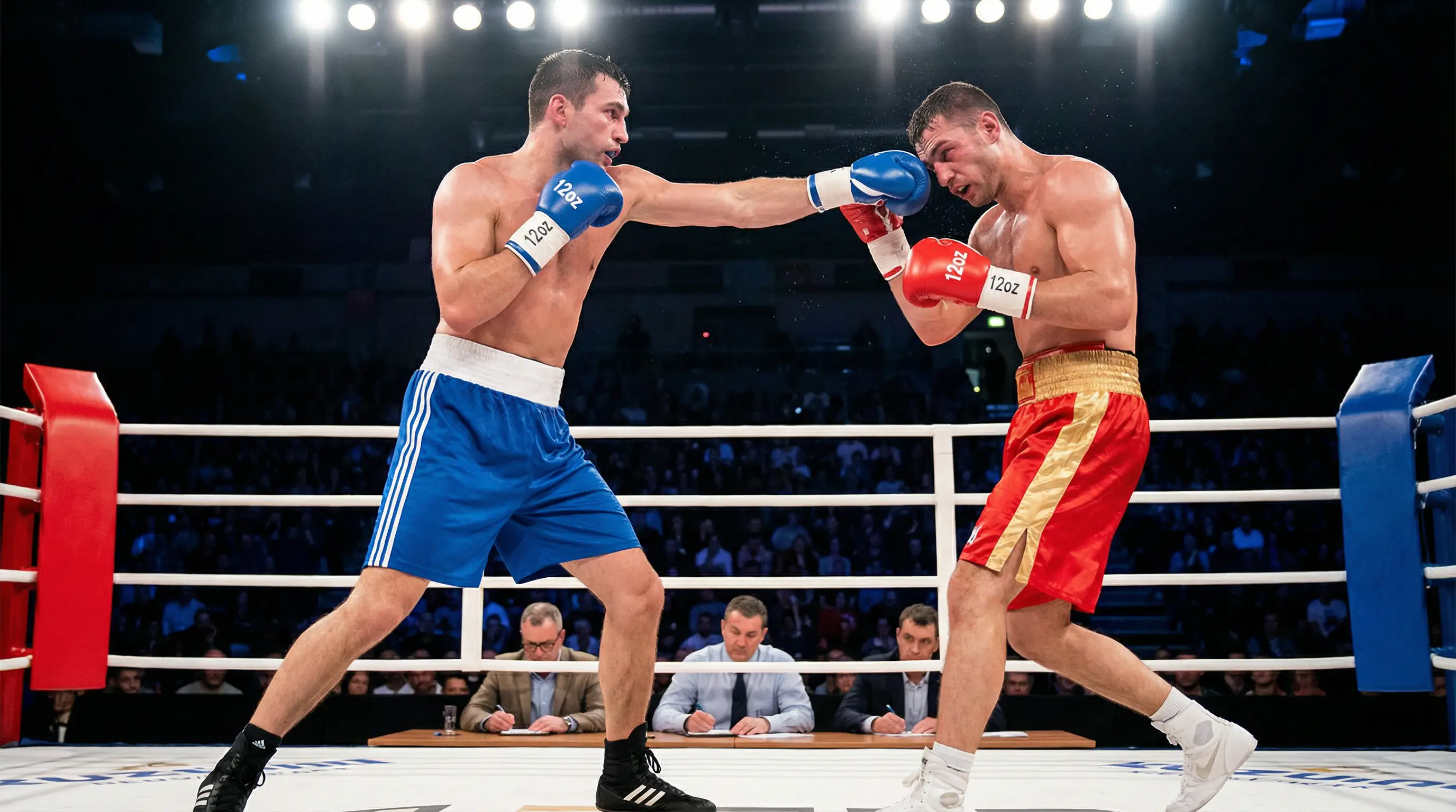 Boxer in Kampfstellung im Ring mit Punktrichtern am Ringrand
