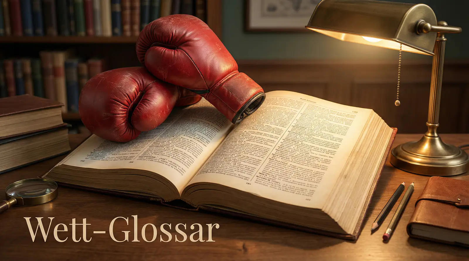 Aufgeschlagenes Lexikon mit Boxhandschuhen – Boxen Wetten Glossar A bis Z