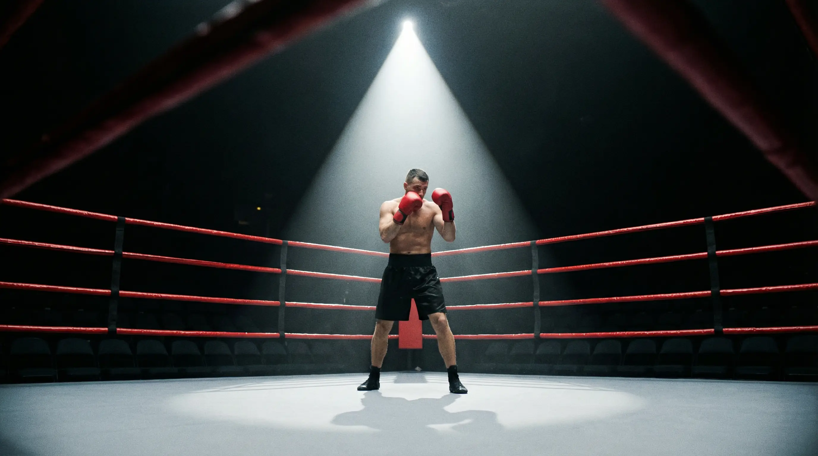 Boxer im Scheinwerferlicht eines professionellen Boxrings vor einem Kampf