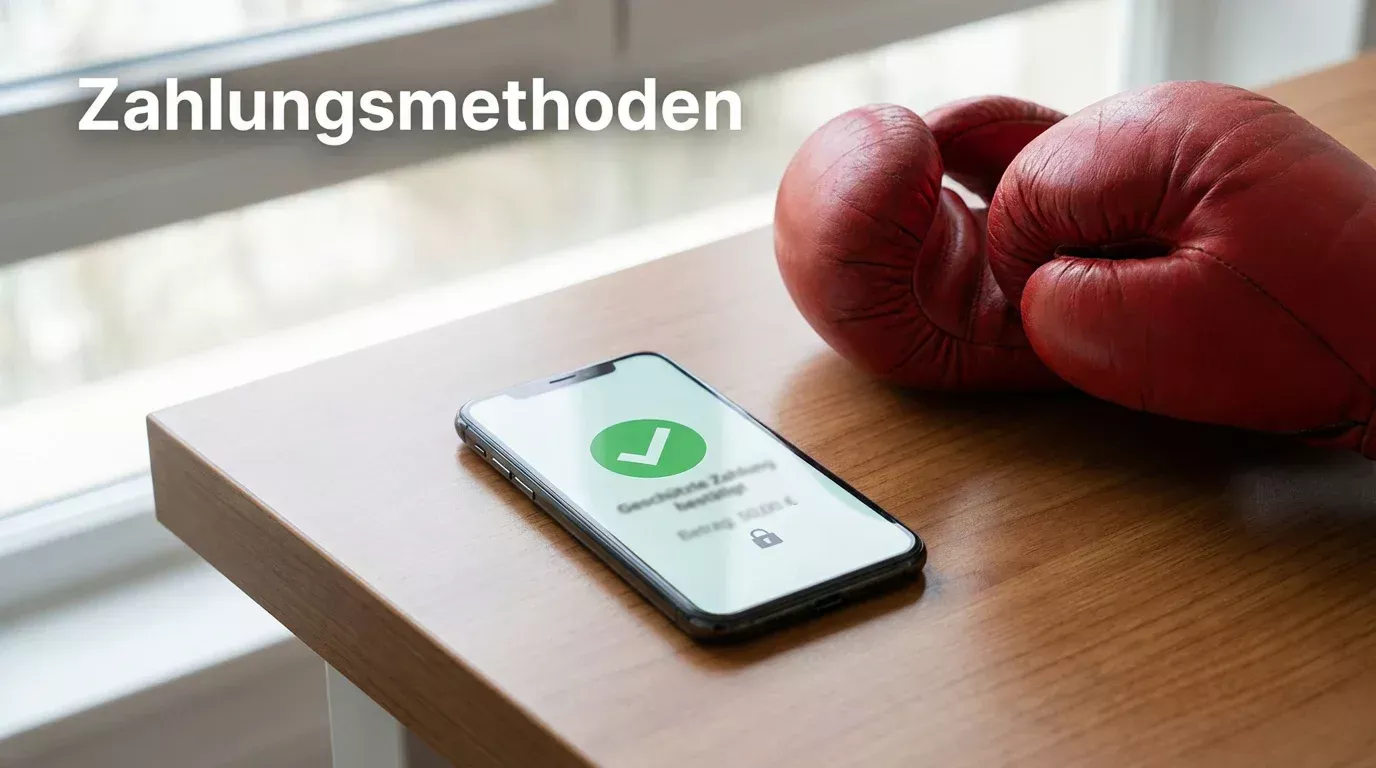 Sichere Online-Zahlung auf Smartphone neben Boxhandschuhen – Boxen Wetten Zahlungsmethoden