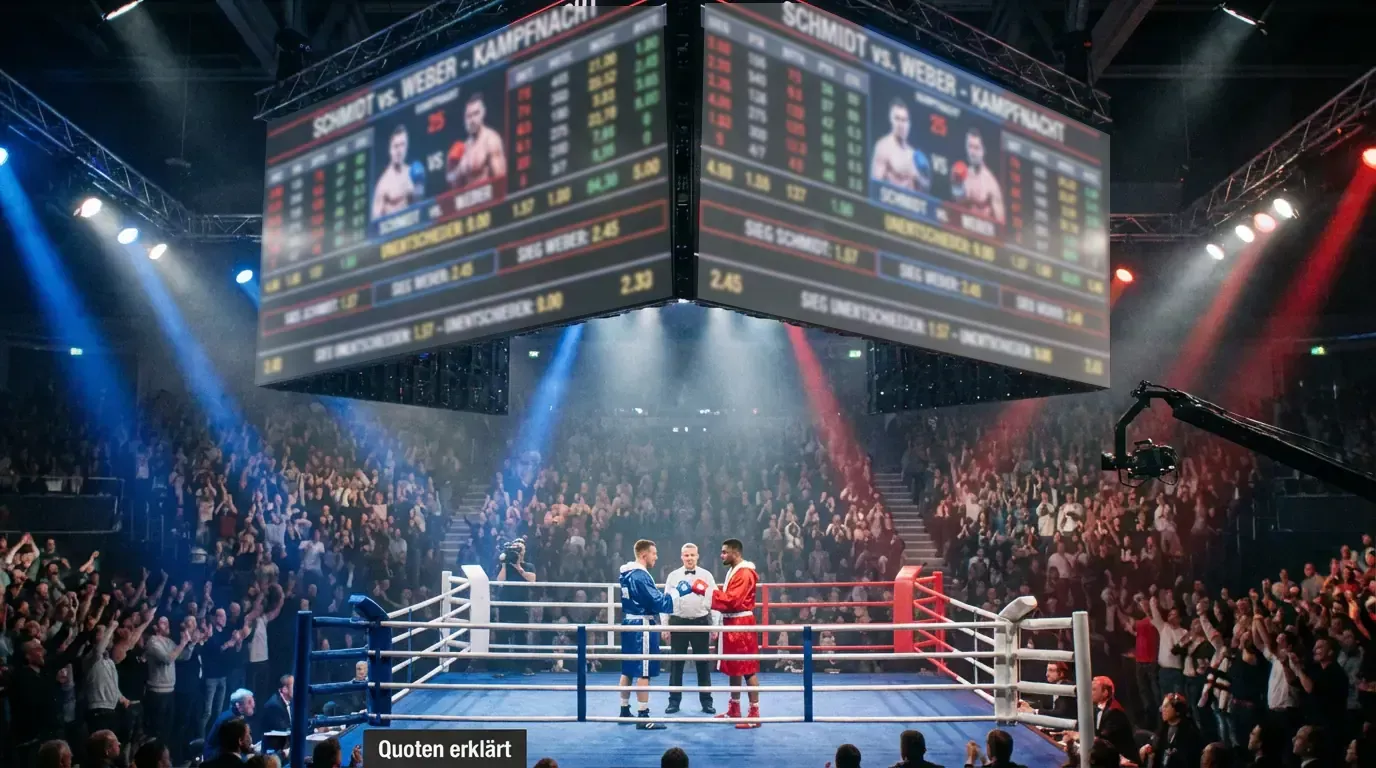 Quotentafel mit Boxkampf im Hintergrund – Boxen Wetten Quoten erklärt