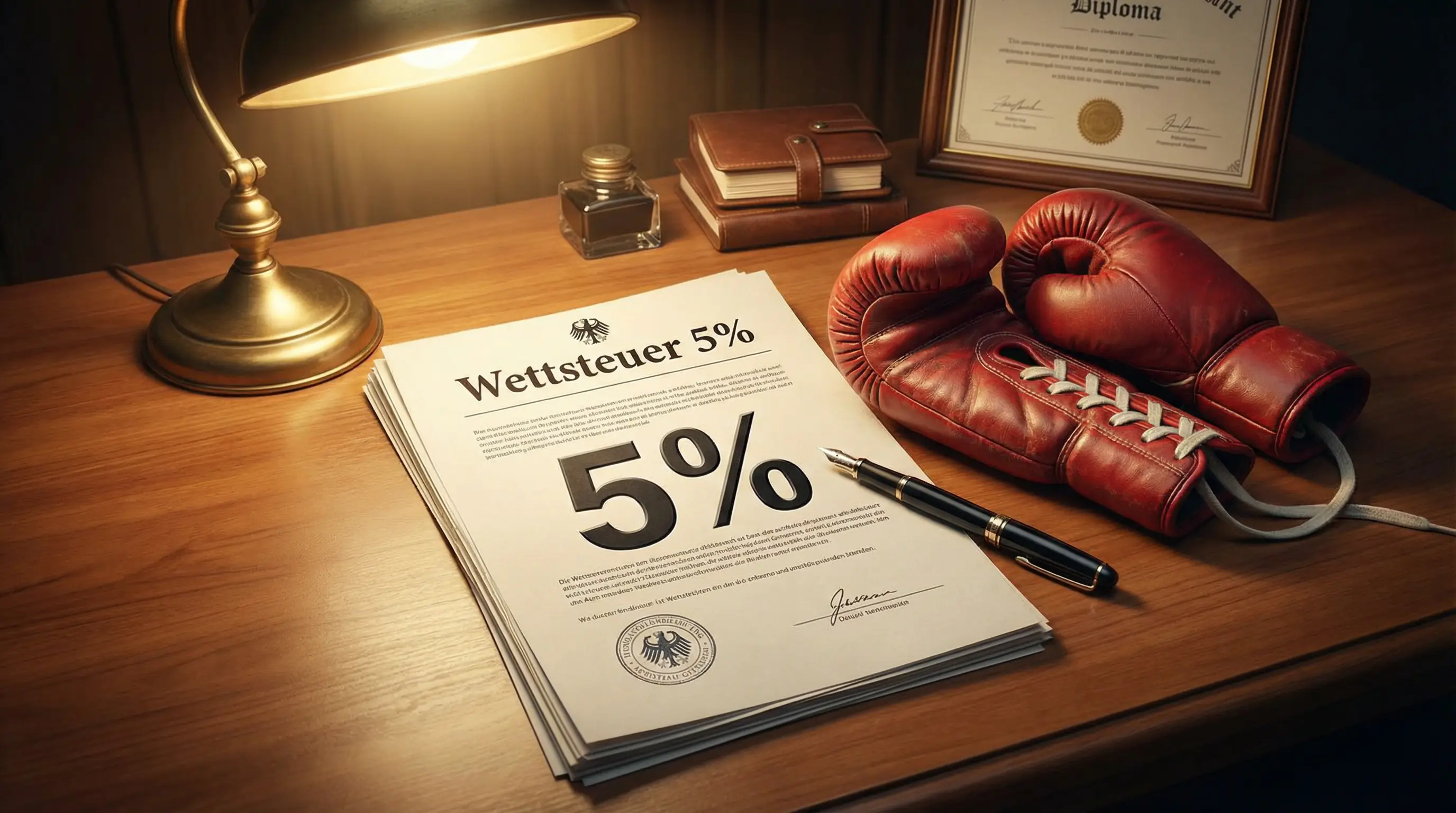 Dokument mit 5 Prozent Wettsteuer und Boxhandschuhe – Boxen Wettsteuer Deutschland