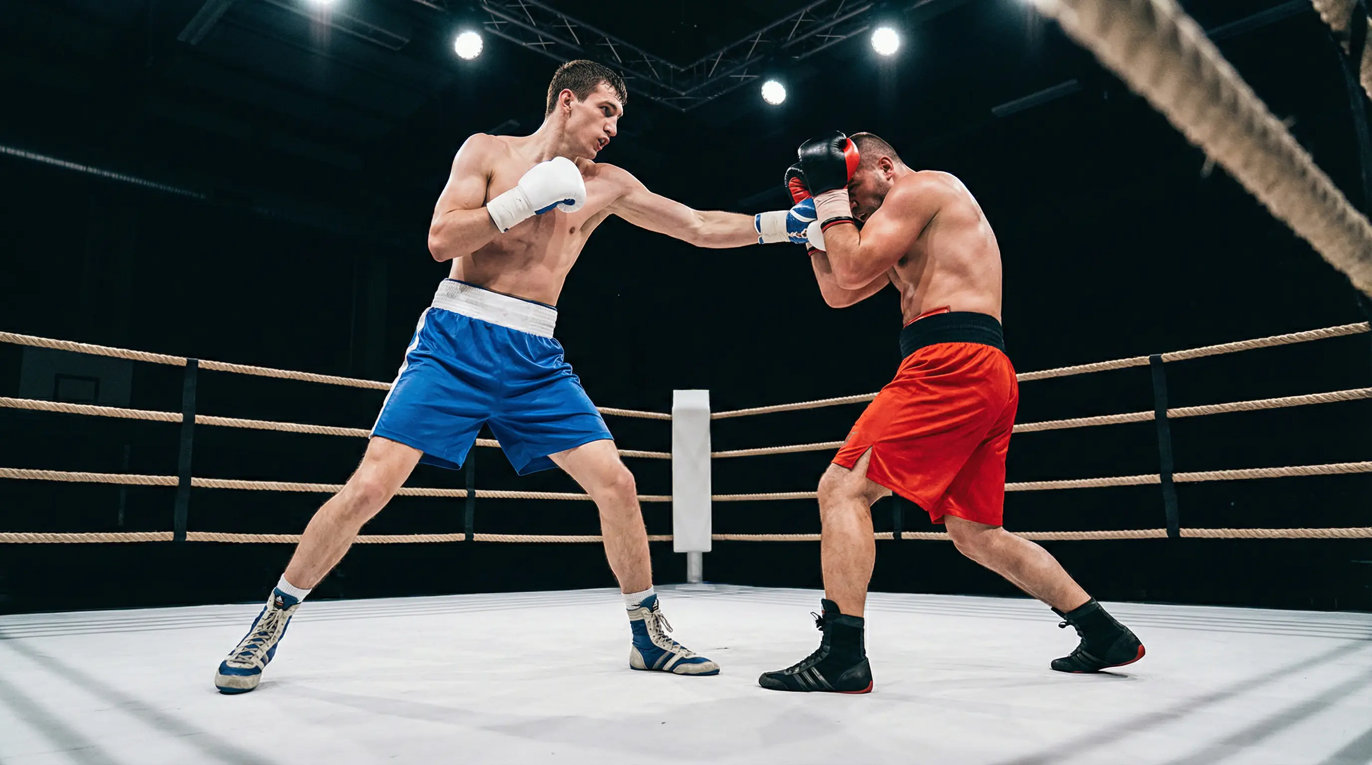 Zwei Boxer mit unterschiedlichen Kampfstilen im Schlagabtausch unter Hallenbeleuchtung