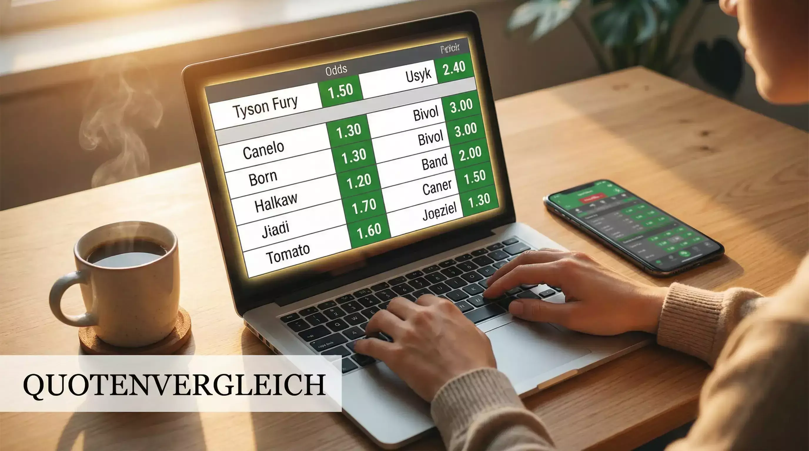 Person vergleicht Boxwetten-Quoten auf Laptop – Quotenvergleich Boxen