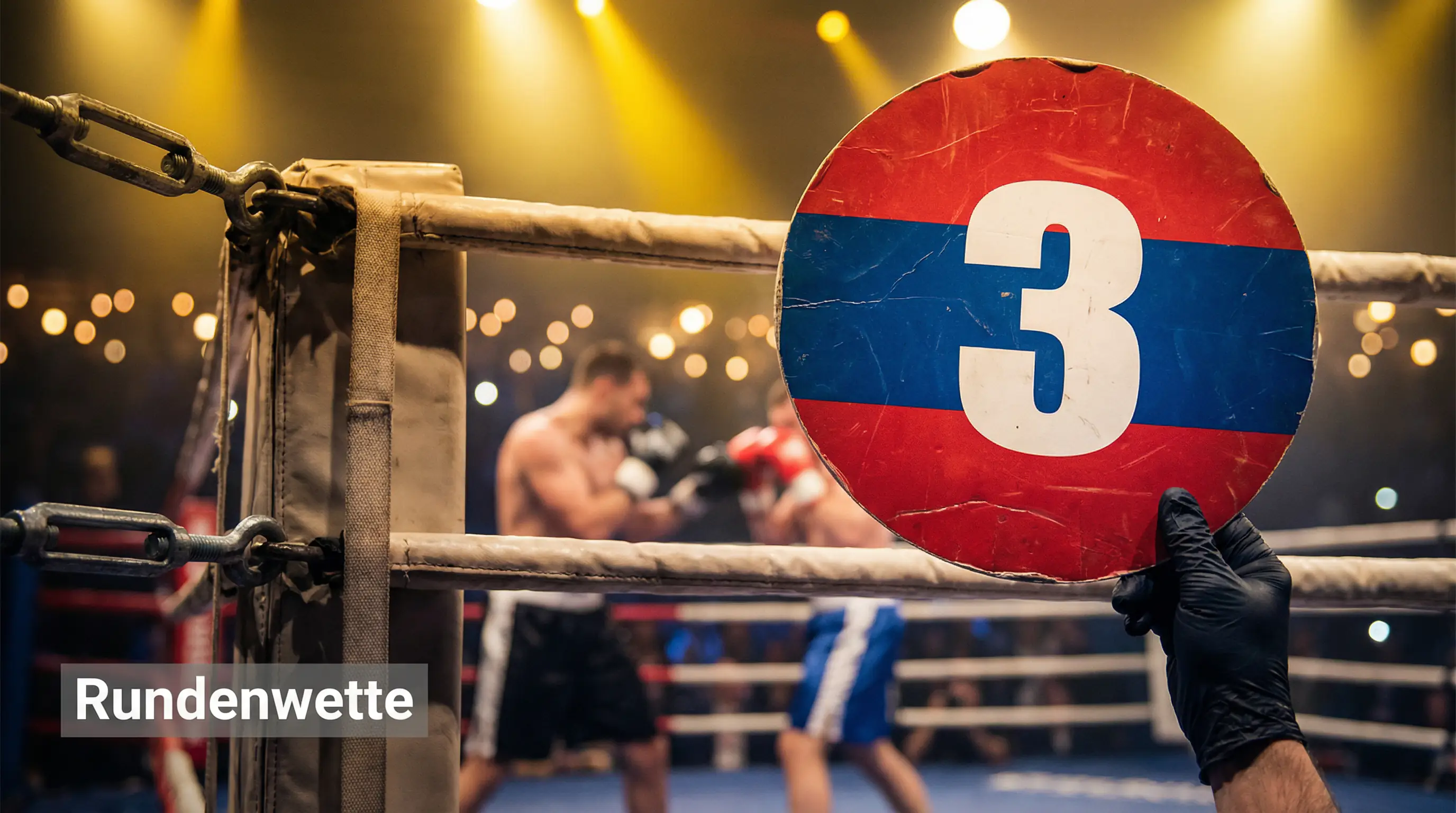 Nahaufnahme einer Boxring-Rundenanzeige mit Boxer im Hintergrund – Rundenwette Boxen