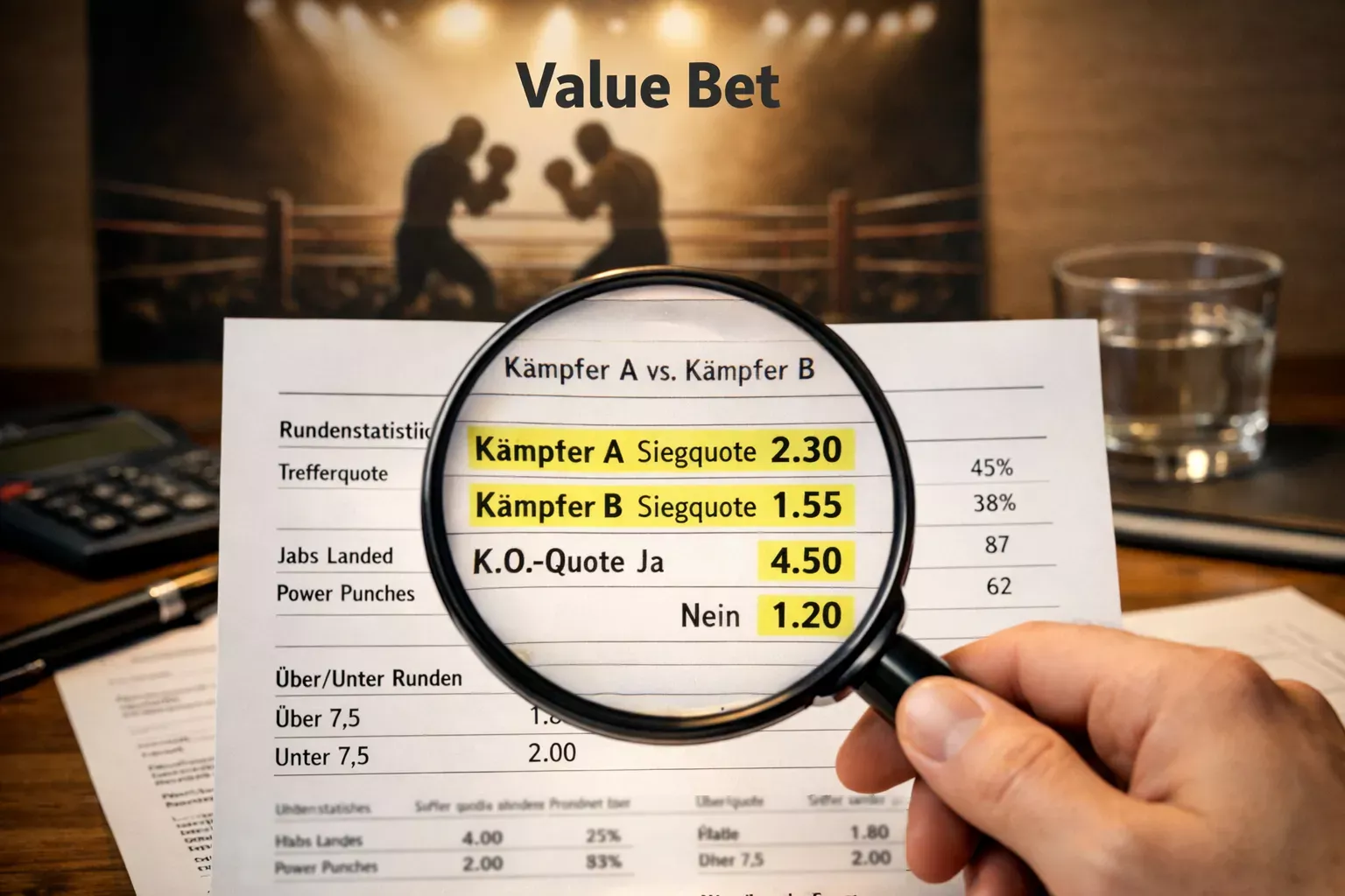 Lupe über Wettquoten mit Boxring im Hintergrund – Value Bet Boxen